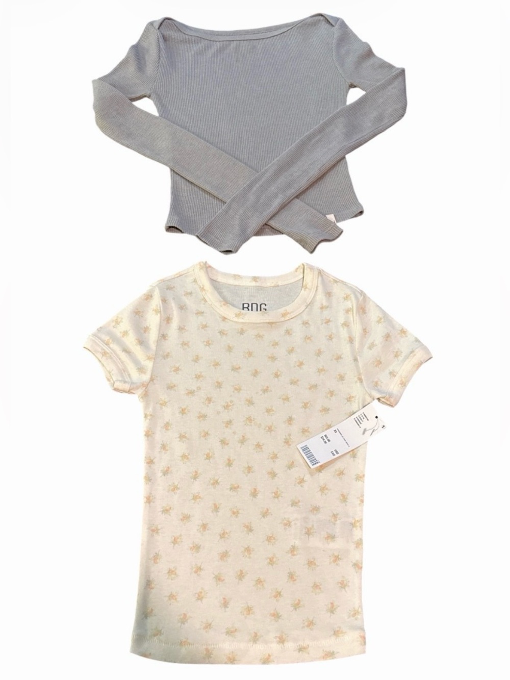 BDG Juniors/Tweens Cream Star Print Tee & Gray Ribbed Long Sleeve Top 2-Pack XS
